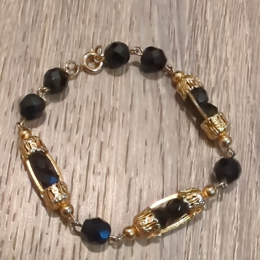 Vintage Art Deco Faceted Black Glass Gold Cage Bracelet